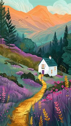 a painting of a house in the mountains