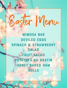 an easter menu with pink flowers and blue sky in the background