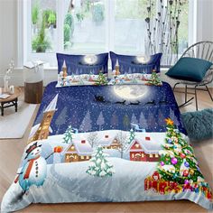 a bed room with a christmas themed comforter and pillows