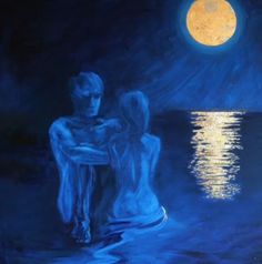 a painting of two people sitting next to each other in front of the moon and water