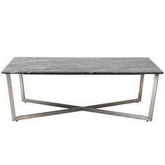 a black marble top coffee table with stainless steel base and square shaped legs, viewed from the front