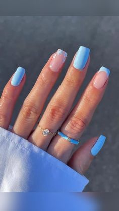 baby blue nails  • Flower art french tip • Baby blue french tip with nude base Acrylic Nails With Blue, Nails Blue And Pink, Nails Short Medium, Fake Nails Blue, Baby Blue Acrylic Nails, Fur Nails, Nails With Blue, French Tip Gel Nails, Acrylic Nails Nude