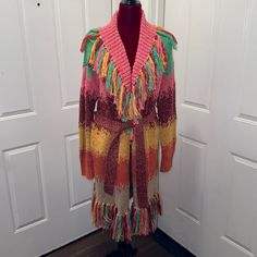 Nwt Alice + Olivia Multi Color Fringe Sweater Listed As An Xs/S But Fits Up To A Large Comfortably Pink Bohemian Knit Outerwear, Olivia Pink, Sequin Hoodie, Puff Sleeve Cardigan, White Top Women, Embellished Cardigan, Linen Sweater, Fringed Poncho, Fringe Sweater