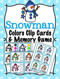 the snowman colors clip cards and memory game is shown in front of a blue background