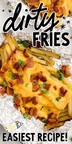 the cover of dirty fries is shown with french fries and cheese on it, along with bacon