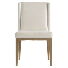 a white upholstered chair with wooden legs and backrests, on a white background