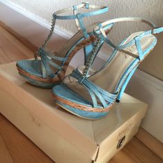 Cute Blue Sandals. Never Worn! Bamboo Details! Blue Sandals With 4-inch Heel For Spring, Blue Heels, Blue Sandals, Cork Wedge, Shopping List, Shoes Women Heels, Shoes Heels, Color Blue, Wedges