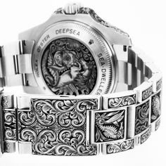 Hand engraved by Ray Hood, London Engraver - nautical themed Rolex DeepSea Sea Dweller Watch Engraving Ideas, Mens Jewerly, Metal Engraving, Luxury Watches For Men, Watches Jewelry, Hand Engraving