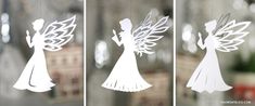 three pictures of the silhouettes of two angels in front of a vase with flowers