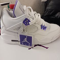 Brand New White And Purple Jordans Purple Jordans 4s, Hype Shoes Women, Jordan 4 Retro Metallic Purple, Jordan 4 Purple, Purple Jordans, Jordan 4 Metallic Purple, Jordan Shoes Women, Jordan 4 Retro Metallic, Cute Jordans