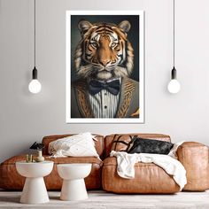 a tiger wearing a tuxedo and bow tie is featured in this living room