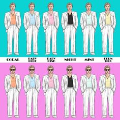 the different types of men's suits are shown in two separate rows, each with their own color