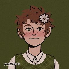 a drawing of a boy with a flower in his hair wearing a green sweater vest