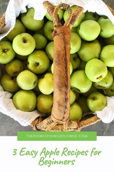 a basket filled with green apples and the words 3 easy apple recipes for beginners