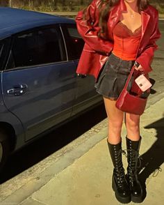 Lace Top Leather Skirt, Dress Concert Outfit Ideas, Revealing Fashion Outfits, Rebellious Style Outfits, Edgy Outfits For Concert, Red Mini Dress Outfit Summer, Concert Fits The Weeknd, 90s High Fashion Aesthetic, Red Y2k Outfit Aesthetic