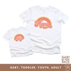 Celebrate Mother's Day in style with these adorable matching shirts! This Mommy and Me gift set features a colorful 'Mama and Mini' groovy rainbow design, perfect for twinning with your little one. Made from soft and comfortable fabric, these t-shirts are not only cute but also great for everyday wear. Show off your special bond with your mini-me in these fashionable and fun matching shirts! Perfect for family photos, outings, or just lounging around together. Surprise your favorite mama this Mother's Day with this stylish and trendy gift set. MATERIAL AND CARE This t-shirt promises durability and ease of care. Turn inside out, wash on cool and dry on low or hang dry. The material is soft ring-spun cotton and feels gentle against the skin, ensuring you stay comfortable all day. COLORS Kids Playful Tops With Name Print For Mother's Day, Playful Name Print Tops For Mother's Day, Fun Graphic Print Shirt For Mother's Day, Playful Tops With Funny Print For Mother's Day, Playful Mother's Day Tops With Funny Print, Family Matching Multicolor Tops With Name Print, Family Matching Multicolor Letter Print Tops, Family Matching Multicolor Tops With Letter Print, Multicolor Letter Print Family Matching Tops