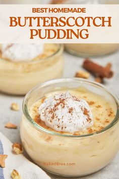 butterscotch pudding in small glass bowls with cinnamon on top