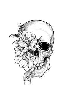 a drawing of a skull with flowers on it's head, in black and white