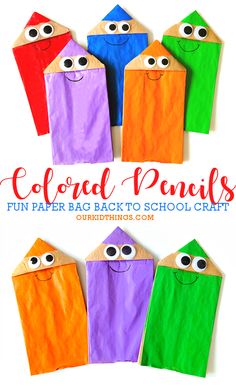 Paper Bag Colored Pencil Craft Arts And Crafts For Back To School, Craft Ideas For Kindergarteners, Day Care Arts And Crafts, Pencil Crafts For Preschoolers, Easy Back To School Activities, All About School Crafts For Toddlers, Pencil Crafts For Toddlers, Primary Color Crafts For Preschool