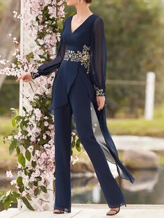 Pantsuit / Jumpsuit Mother of the Bride Dress Elegant V Neck Floor Length Chiffon Lace Long Sleeve with Appliques 2022 8766489 2022 – $149.86 Dress Formal Elegant, Bride Pantsuit, Bride Dress Elegant, Formal Wedding Guests, Two Piece Jumpsuit, Chiffon Long Sleeve, Mother Of The Bride Dress, Groom Dress, Chiffon Lace