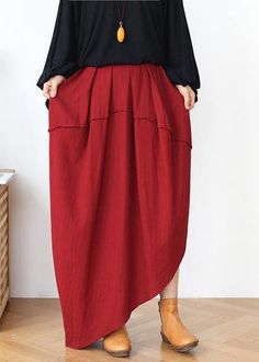 Women Red Elastic Waist Linen SkirtFabric: Cotton 45%, Linen 55%Size & Fit: This garment fits true to size.Length: Size 3XL measures 37.44"from waist to hem.Waist:Fitted - elastic waist allows stretch Hip: Loosely Fitted. room for hips. Hand Wash Cold. Baggy Solid Skirt For Fall, Red Skirted Bottoms With Pockets, Red Midi Skirt With Pockets, Casual Red Long Skirt, Casual Red Maxi Skirt For Fall, Red Asymmetrical Skirt For Fall, Red Asymmetrical Fall Skirt, Casual Non-stretch Red Maxi Skirt, Casual Red Non-stretch Maxi Skirt