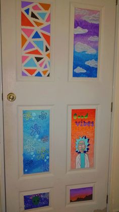 the front door is decorated with colorful artwork