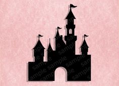 the silhouette of a castle with flags on it's roof is shown in black against a pink background