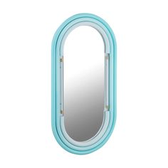 an oval shaped mirror with blue trim