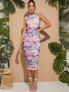 This Floral Dream Bodycon dress features a stunning floral print and ruched detail. The fitted silhouette creates a flattering look, perfect for any occasion. Elevate your style with this elegant dress that combines fashion and function. Color : Multicolor Style : Elegant Pattern Type : Floral, Tie Dye, All Over Print Type : Bodycon, Tank Details : Ruched, Split Neckline : Stand Collar Sleeve Length : Sleeveless Fit Type : Slim Fit Length : Midi Waist Line : Natural Hem Shaped : Pencil Material Ruched Bodycon Dress, Women Midi, Ruched Dress, Smock Dress, Cami Dress, Sheer Fabrics, Womens Midi Dresses, Elegant Dress, Floral Tie