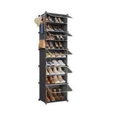 the shoe rack is holding many pairs of shoes