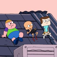 three cartoon characters sitting on the roof of a building, one holding a cell phone