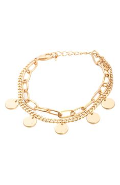 Circular disc drops add dimensional play to a layered chain bracelet with a goldtone-plate finish for added warmth 7" adjustable inner circumference Lobster-clasp closure Goldtone plate Imported Gold Metal Chain Bracelet With Double Chain, Gold Metal Bracelet With Double Chain, Gold Double Chain Metal Bracelet, Adjustable Gold-tone Charm Bracelet With Gold Chain, Gold Double Chain Bracelet, Adjustable Gold Charm Bracelet With Chain, Gold Bracelets With Double Chain And Adjustable Fit, Adjustable Double Chain Gold Bracelet, Round Metal Charm Bracelet With Gold Chain