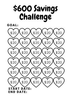 a valentine's day printable with hearts and the words $ 600 savings challenge