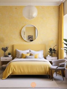 a bedroom with yellow walls and white bedding in the center, along with a round mirror on the wall