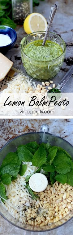 the ingredients for lemon basil pesto in a bowl