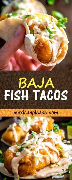 a person holding up a fish taco in front of the camera and text overlay reads, baua fish tacos