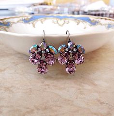 Swarovski crystal leaf earrings, wedding earrings, bridesmaid gift, rhinestone leaf earrings, rhinestone earrings, lilac, purple, lavender Mauve Jewelry, Mauve Earrings, Crystal Cluster Earrings, Crystal Earrings Wedding, Special Occasion Jewelry, Pearl Hair Pins, Earrings Bridesmaid, Earrings Purple, Purple Crystal