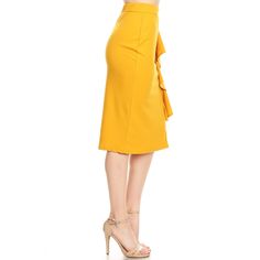 Solid, high waisted knee length pencil skirt in a fitted style, with an elastic waistband, and ruffle trim accent. Royal Closet, Luxury Wardrobe, Ruffle Bodycon, Moa Collection, Midi Pencil Skirt, Knee Length Skirt Pencil, Midi Skirt Pencil, Waist Band, Ruffle Trim