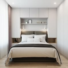 a bedroom with a bed, nightstands and shelves on the wall next to it