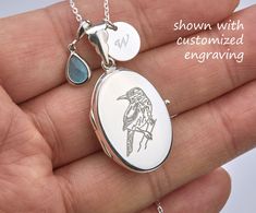 A highly personalized oval locket necklace with photo, engraving and a birthstone: 1. a high quality solid sterling silver oval locket (measures 1x 3/4 inch,and weight 4.6 grams, can hold 2 photos),  both sides can be engraved with initials, names, date, phrases or line drawings, for $12 each side.  2. There are two photo slots inside. Photo insertion service is available at $14 per photo (reflected in your pulldown choice). If you select this service, please send me a conversation with your loc Silver Locket Necklace With Birth Flower Round Pendant, Personalized Silver Customizable Locket Necklace, Silver Customizable Locket Necklace For Personalized Gifts, Customizable Silver Locket Necklace For Personalized Gift, Silver Oval Locket Necklace For Mother's Day, Customizable Silver Locket Necklace For Mother's Day, Silver Wedding Locket Necklace With Birth Flower, Customizable Oval Sterling Silver Jewelry, Silver Oval Jewelry With Birth Flower Detail