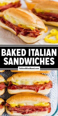 Italian sandwiches made in a glass dish ready to be served Baked Subs Oven, Genoa Salami Sandwiches, Ham Salami Sandwich, Mini Hoagie Sandwiches, Oven Subs Sandwiches, Baked Italian Subs 12 Tomatoes, Baked Italian Subs, Hot Salami Sandwich Recipe, Hot Sub Sandwich Ideas