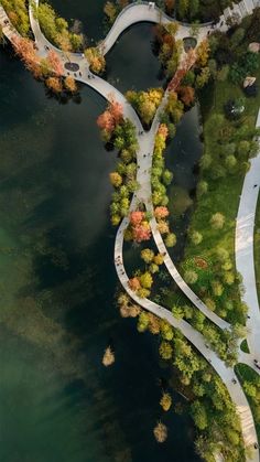 an aerial view of a winding road in the middle of a lake with trees on both sides