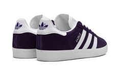 The adidas Gazelle “Rich Purple” is a colorway of the retro low-top sneaker with a purple-based appearance.  The popular and timeless adidas Gazelle in the “Rich Purple” colorway features a deep purple suede construction with white leather Three Stripes branding on the sides.  A white printed “Gazelle” logo is seen on the lateral side.  Purple adidas TreFoil branding is located on the heel and on the tongue.  An all-white rubber sole unit completes the look.  Release date: April 2, 2021 Stripes Branding, Purple Adidas, Baskets Adidas, Adidas Trefoil, Rich Purple, Purple Shoes, Purple Suede, Elegant Interiors, Adidas Gazelle Sneaker