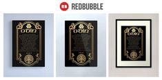 three black and gold framed posters with the words redubble in different font styles