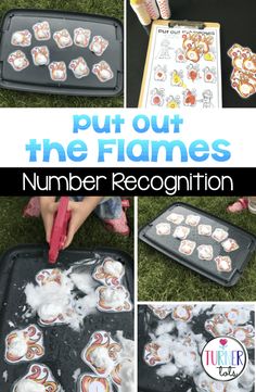 a collage of pictures showing how to put out the flamers number recognition game