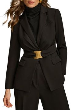 A cinching belt closed with a sculptural buckle artfully appoints this sophisticated blazer. 27 1/2" length Notched lapels Chest welt pocket; front flap pockets Attached front belt Back vent Lined 96% polyester, 4% spandex Dry clean Imported Elegant Workwear Blazer With Belt Detail, Elegant Fitted Blazer With Belt Detail, Elegant Blazer With Belt Detail For Work, Elegant Notch Lapel Blazer With Belt, Elegant Formal Blazer With Belt, Elegant Blazer With Belt And Notch Lapel, Tailored Black Belted Blazer, Elegant Belted Blazer For Workwear, Elegant Business Blazer With Belt