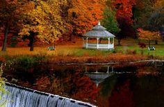 a gazebo sits in the middle of a pond surrounded by trees with fall foliage