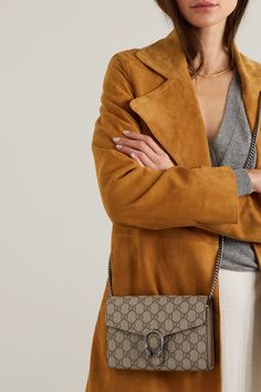 GUCCI Dionysus printed coated-canvas shoulder bag | NET-A-PORTER Gucci Dionysus Outfit, Gucci Dionysus Wallet On Chain, Prada Skirt, Bag Gucci, Wallet On Chain, Chain Wallet, Tiger Head, Print Coat, Brown Coat