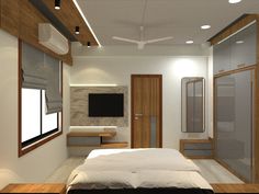 a modern bedroom with white walls and wood trimmings on the ceiling, along with a large bed in front of a flat screen tv