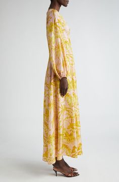 Zimmermann Golden Tropical Floral Long Sleeve Silk Maxi Dress | Nordstrom Gathered Maxi Dress, Tropical Print Maxi Dress, Pink Floral Pattern, Silk Maxi, Tiered Midi Dress, Silk Maxi Dress, Pink Maxi Dress, Lace Midi Dress, Gold Floral